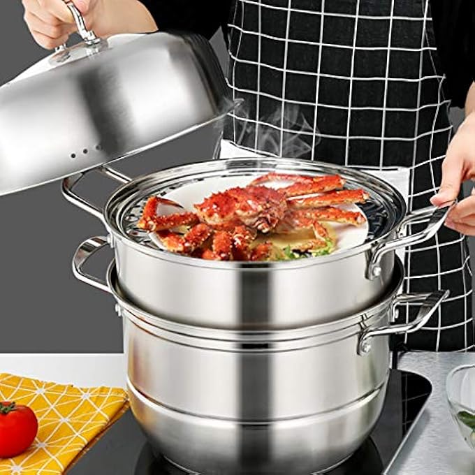 قدر بخاري من الفولاذ المقاوم للصدأ 304، مكون من 4 طبقات، مناسب للمطاعم التجارية والمنزلية، مناسب لموقد الغاز، طباخ الحث، لون واحد، 28 سم - Image 3