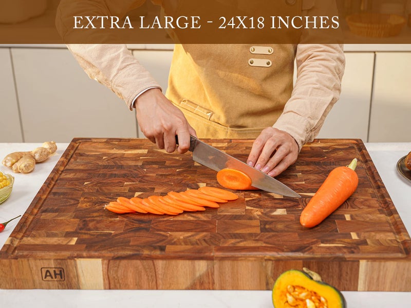 AZRHOM Thick End Grain Acacia Wood Cutting Board 24x18x2 In, Wooden Butcher Block, Chopping Board For Kitchen with Juice Groove Handles Non-Slip Pats (Gift Box) - Image 5