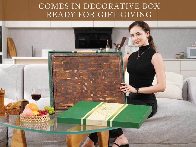 AZRHOM Thick End Grain Acacia Wood Cutting Board 24x18x2 In, Wooden Butcher Block, Chopping Board For Kitchen with Juice Groove Handles Non-Slip Pats (Gift Box) - Image 4