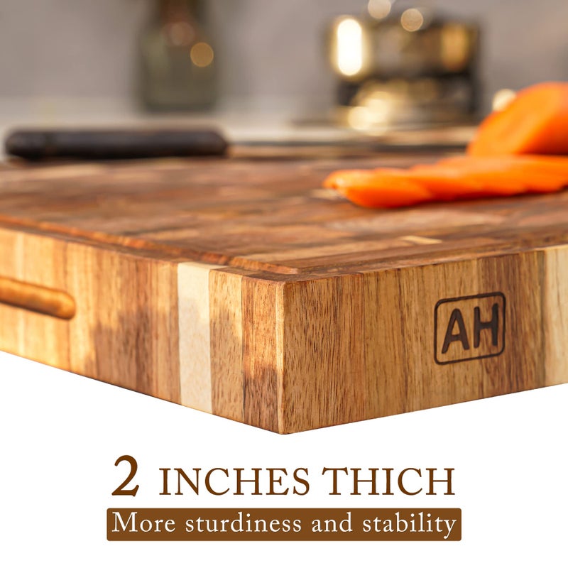 AZRHOM Thick End Grain Acacia Wood Cutting Board 24x18x2 In, Wooden Butcher Block, Chopping Board For Kitchen with Juice Groove Handles Non-Slip Pats (Gift Box) - Image 2