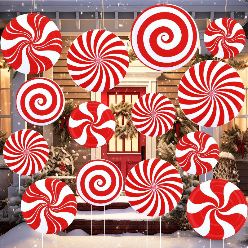 Woanger 16 Pcs Christmas Candy Cane Ornament Large Candy Decorations Double Sided Xmas Hanging Decor Red and White Yard Lawn Signs with Stake for Home Outdoor Indoor Porch Pathway Christmas Tree