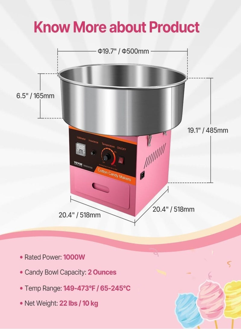 KitchTron Electric Cotton Candy Machine, 1000W Commercial Floss Maker w/Stainless Steel Bowl, Sugar Scoop and Drawer, Perfect for Home, Carnival, Kids Birthday, Family Party, Pink - Image 2