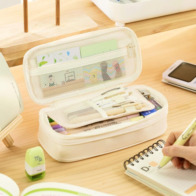 Lupro Large Capacity Pencil Pouch Cute Korean Aesthetic Pen Case for Girls, Boys, Kids, Women - Big Zipper Stationery Organizer for School, College, Office & Return Gifts, Pack of 1 (Cream) - Image 4