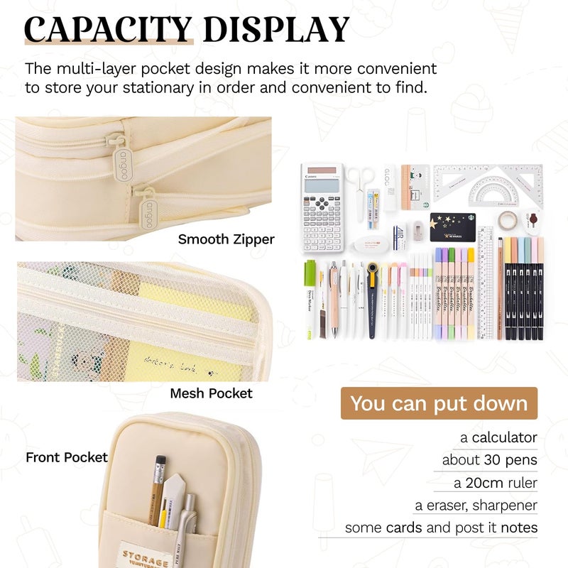 Lupro Large Capacity Pencil Pouch Cute Korean Aesthetic Pen Case for Girls, Boys, Kids, Women - Big Zipper Stationery Organizer for School, College, Office & Return Gifts, Pack of 1 (Cream) - Image 3