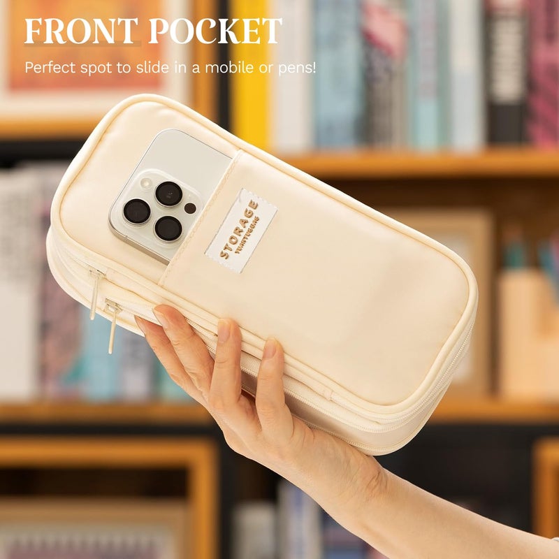 Lupro Large Capacity Pencil Pouch Cute Korean Aesthetic Pen Case for Girls, Boys, Kids, Women - Big Zipper Stationery Organizer for School, College, Office & Return Gifts, Pack of 1 (Cream) - Image 5