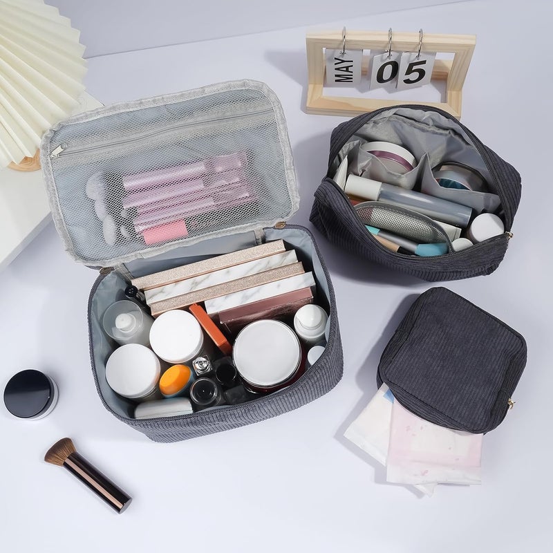 MAGEFY Small Makeup Bag Corduroy Make up Bag with Compartments Travel Cosmetics Bag for Women Girls Makeup Pouch, Grey-3pcs - Image 5