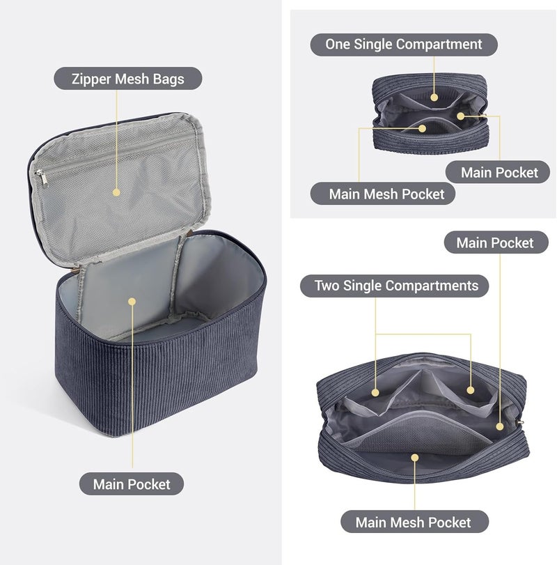 MAGEFY Small Makeup Bag Corduroy Make up Bag with Compartments Travel Cosmetics Bag for Women Girls Makeup Pouch, Grey-3pcs - Image 4