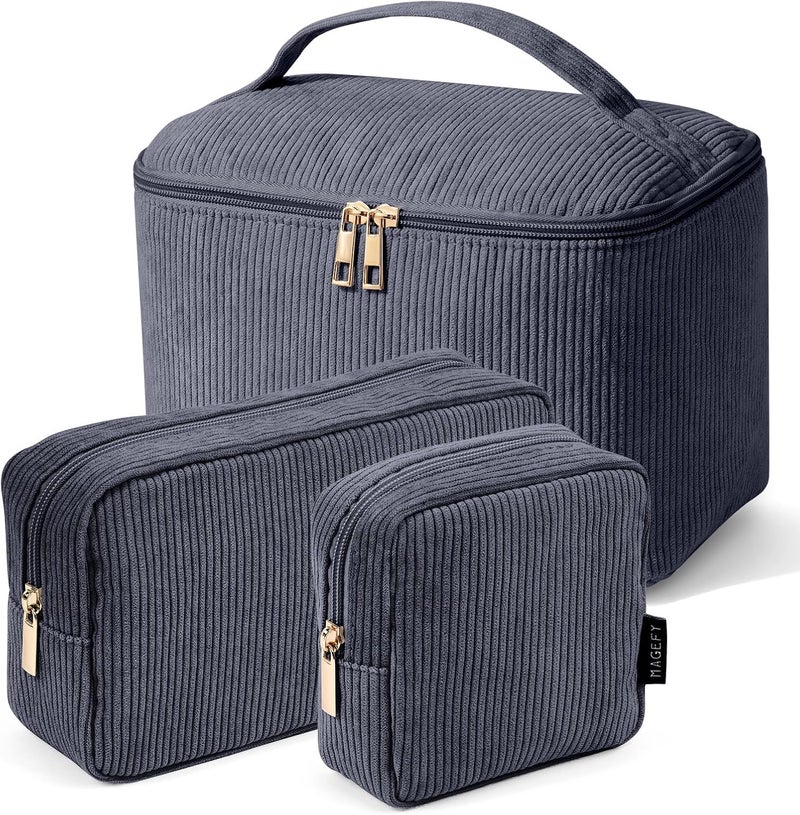 MAGEFY Small Makeup Bag Corduroy Make up Bag with Compartments Travel Cosmetics Bag for Women Girls Makeup Pouch, Grey-3pcs - Image 1
