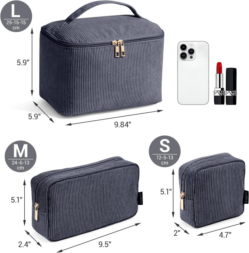 MAGEFY Small Makeup Bag Corduroy Make up Bag with Compartments Travel Cosmetics Bag for Women Girls Makeup Pouch, Grey-3pcs - Image 2