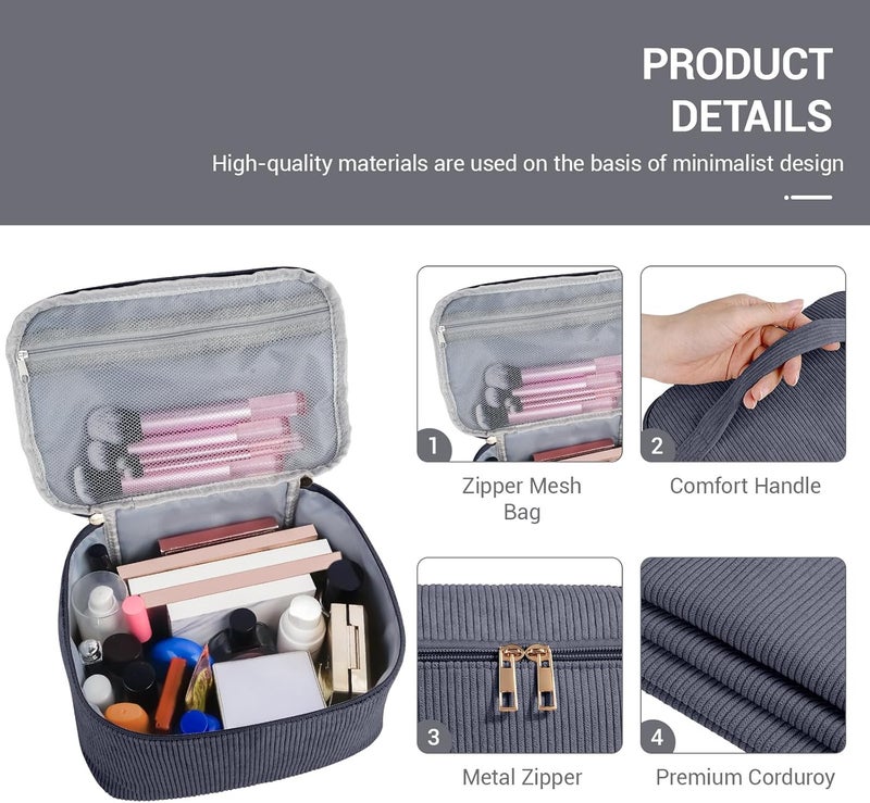 MAGEFY Small Makeup Bag Corduroy Make up Bag with Compartments Travel Cosmetics Bag for Women Girls Makeup Pouch, Grey-3pcs - Image 3