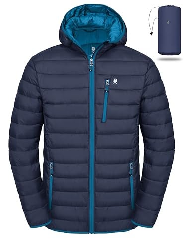 Little Donkey Andy Men's Packable Lightweight Puffer Jacket Hooded Windproof Winter Coat with Recycled Insulation Deep Blue S - Image 1