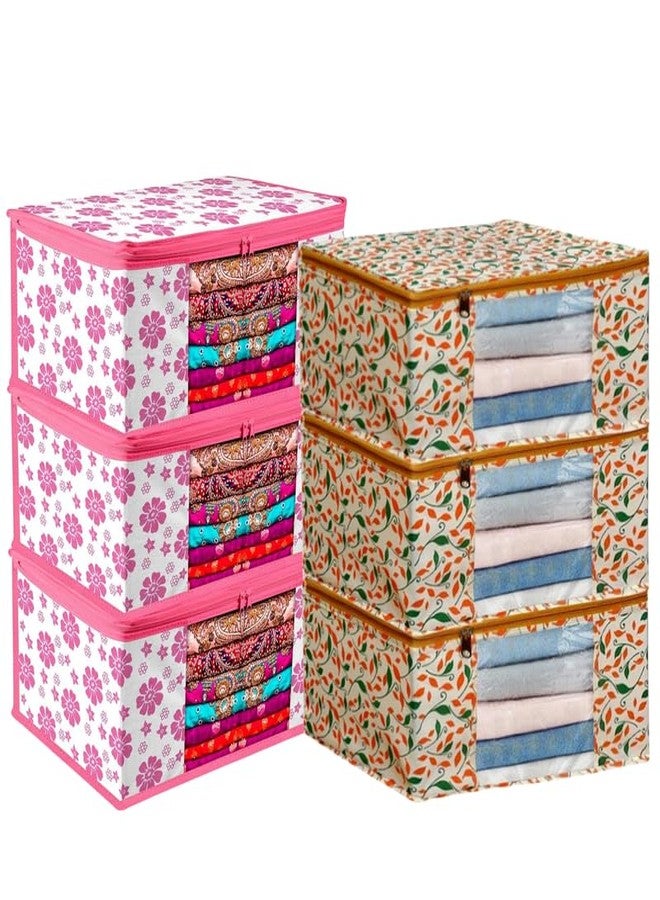 EasyGoods® Saree Covers with Zip for Storage, Orange Patti and Pick Flower Design, Storage Organizer For Saree, Wardrobe Organiser, (45L x 35W x 22H CM) (Pack of 6)