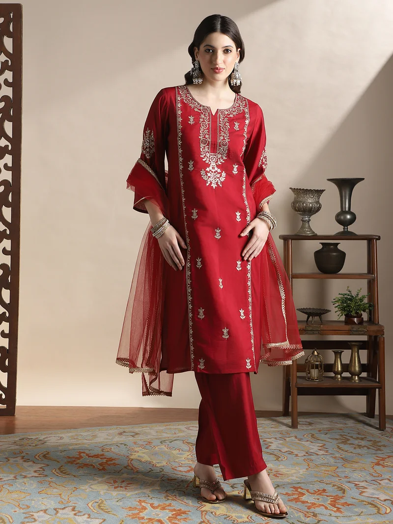 Globus Women Maroon Sequinned & Floral Zari Embroidered Yoke Bell Sleeves Straight Kurta With Pants & Tapping Dupatta Festive Set