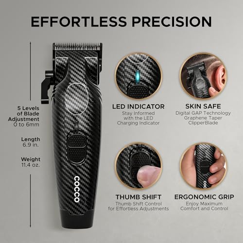 Cocco Hyper Veloce Pro Clipper, Digital Gap Ambassador Graphene Taper Blade Professional Hair Clippers, High-Torque BLDC Motor, All-Metal, Cordless, Charging Station Included (Carbon Fiber) - Image 5