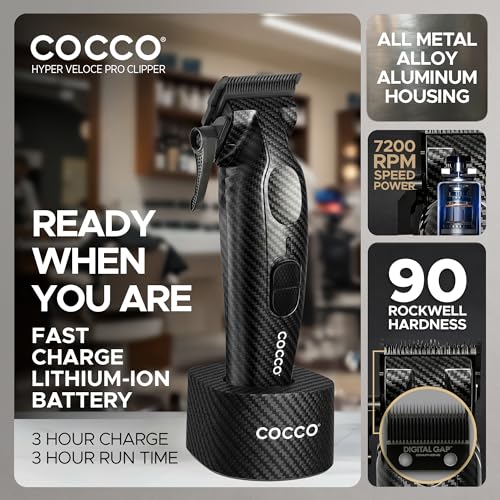 Cocco Hyper Veloce Pro Clipper, Digital Gap Ambassador Graphene Taper Blade Professional Hair Clippers, High-Torque BLDC Motor, All-Metal, Cordless, Charging Station Included (Carbon Fiber) - Image 4