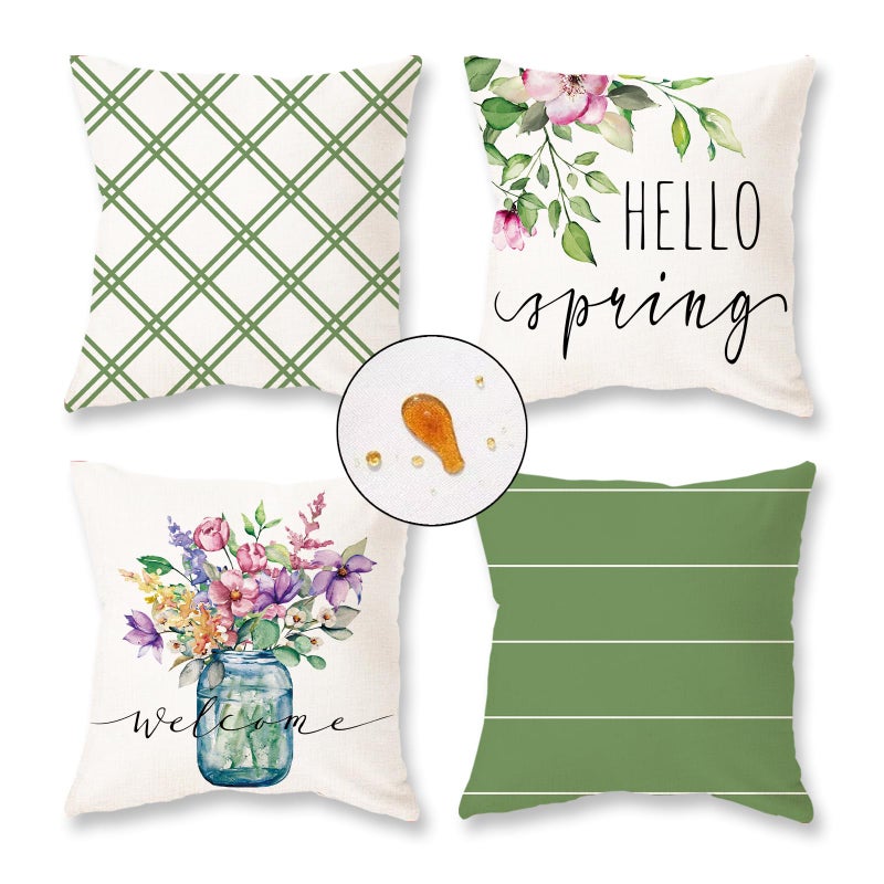 ONWAY Spring Pillow Covers 18x18 Set of 4 Floral Waterproof Farmhouse Decorations Outdoor Green Patio Throw Cushion Case for Sofa Couch Home Decor