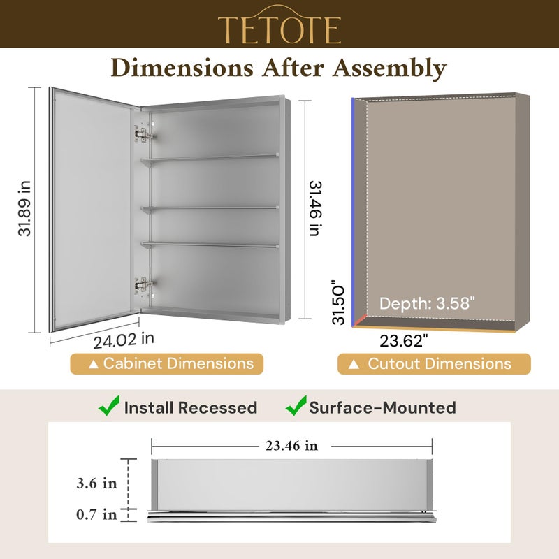 TETOTE 24 x 32 Bathroom Mirror Cabinet with Tempered Beveled Mirror Silver Medicine Cabinet Aluminum Cabinet DTC Hinges, Stepless Adjustable Shelves, Recessed/Surface-Mounted - Image 2