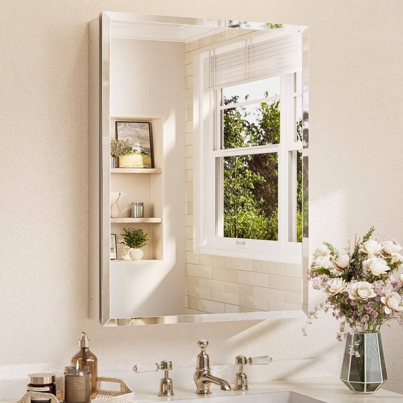 TETOTE 24 x 32 Bathroom Mirror Cabinet with Tempered Beveled Mirror Silver Medicine Cabinet Aluminum Cabinet DTC Hinges, Stepless Adjustable Shelves, Recessed/Surface-Mounted - Image 1