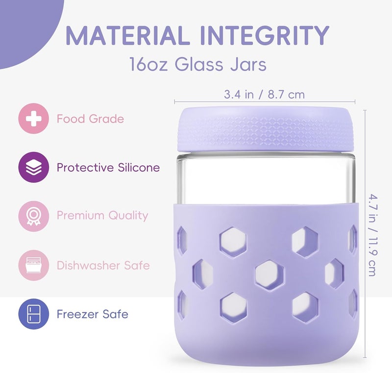 Gemice 16 oz Overnight Oats Containers with Lids and Colorful Sleeves, 6-Pack Airtight Glass Chia Pudding Mason Jars, Dishwasher Safe, Wide Mouth, Leak-Proof Meal Prep Jar for Yogurt Oatmeal - Image 3