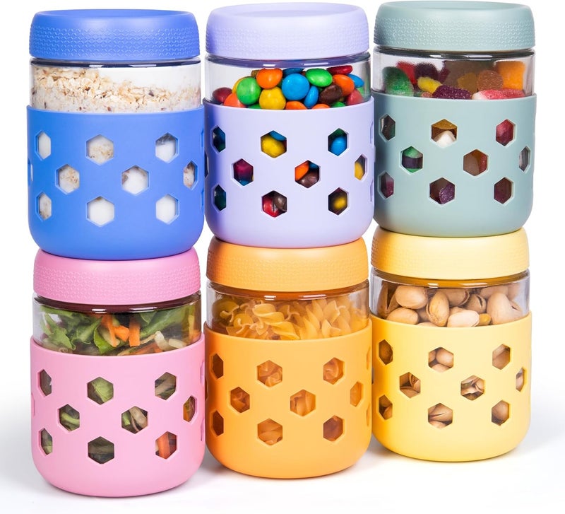 Gemice 16 oz Overnight Oats Containers with Lids and Colorful Sleeves, 6-Pack Airtight Glass Chia Pudding Mason Jars, Dishwasher Safe, Wide Mouth, Leak-Proof Meal Prep Jar for Yogurt Oatmeal - Image 1
