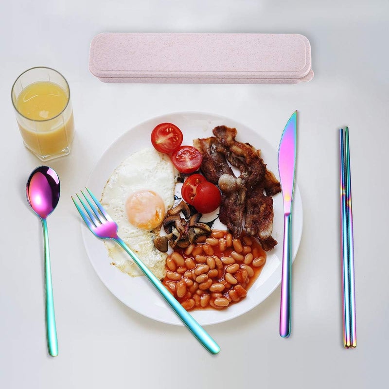 AARainbow 6 Pieces 18/8 Stainless Steel Flatware Set Portable Reusable Cutlery Set Travel Utensils Set Including Chopsticks Knife Fork Spoon Straws Cleaning Brush Dishwasher Safe (Multicolored) - Image 5