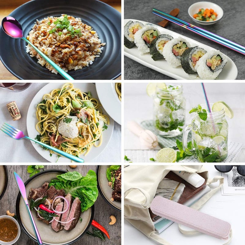 AARainbow 6 Pieces 18/8 Stainless Steel Flatware Set Portable Reusable Cutlery Set Travel Utensils Set Including Chopsticks Knife Fork Spoon Straws Cleaning Brush Dishwasher Safe (Multicolored) - Image 3