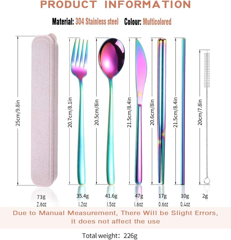 AARainbow 6 Pieces 18/8 Stainless Steel Flatware Set Portable Reusable Cutlery Set Travel Utensils Set Including Chopsticks Knife Fork Spoon Straws Cleaning Brush Dishwasher Safe (Multicolored) - Image 2