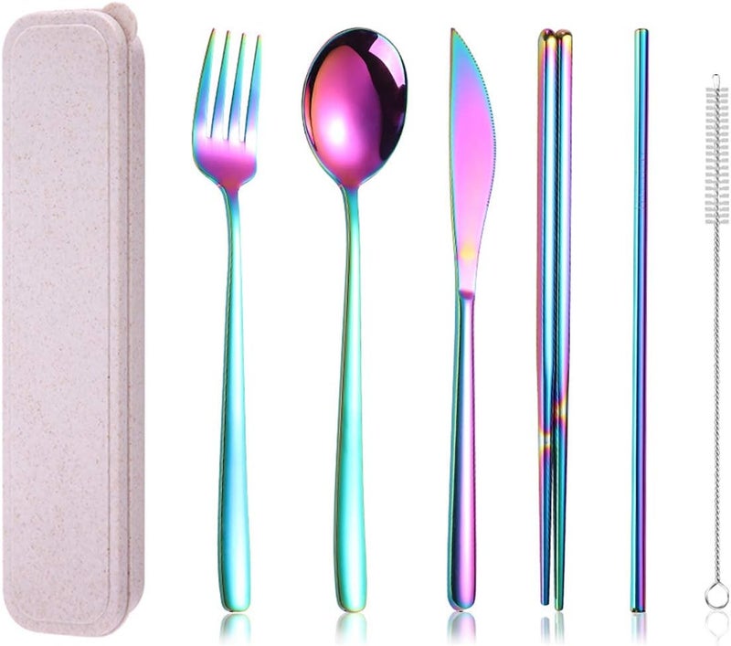 AARainbow 6 Pieces 18/8 Stainless Steel Flatware Set Portable Reusable Cutlery Set Travel Utensils Set Including Chopsticks Knife Fork Spoon Straws Cleaning Brush Dishwasher Safe (Multicolored) - Image 1