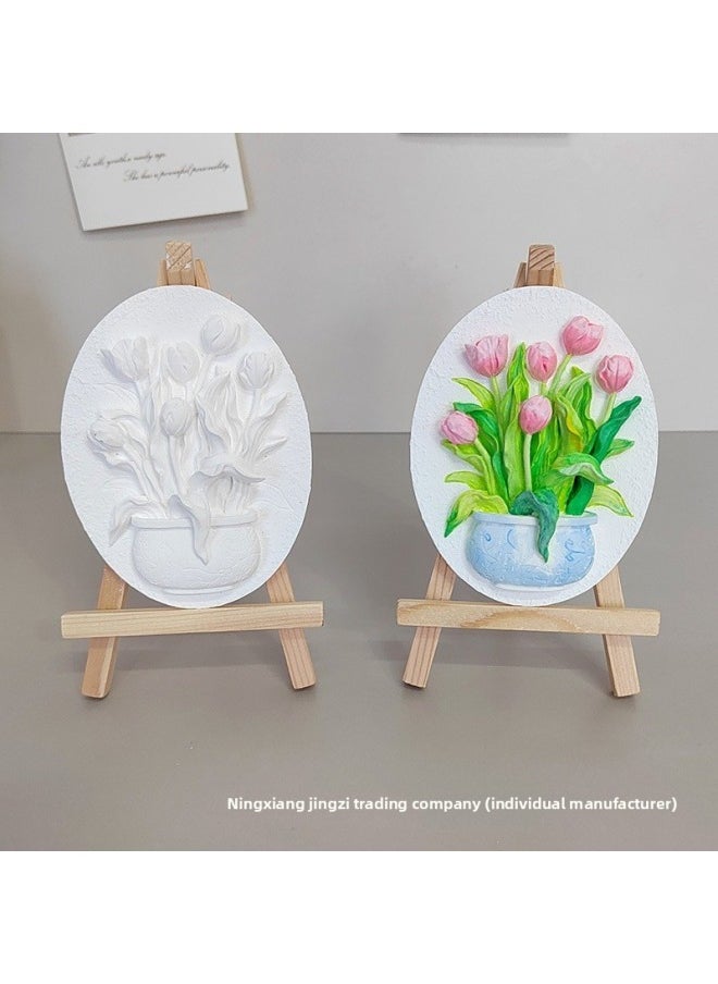 Tulip Plaster Doll Painted White Embryo Graffiti Three-dimensional Relief Painting Diy Creative Manual Group Building Activities-Color:2 Flower Sign Combinations (lily + Square Tulips) + 2 Wooden Frames + 1 Set Of 12 Colors Of Paint