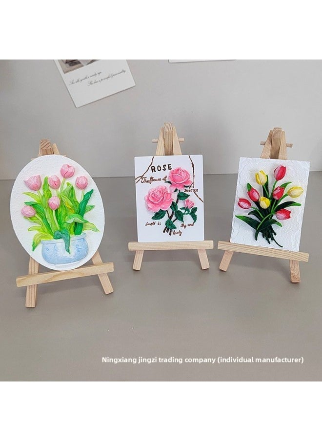 Tulip Plaster Doll Painted White Embryo Graffiti Three-dimensional Relief Painting Diy Creative Manual Group Building Activities-Color:2 Flower Sign Combinations (lily + Square Tulips) + 2 Wooden Frames + 1 Set Of 12 Colors Of Paint