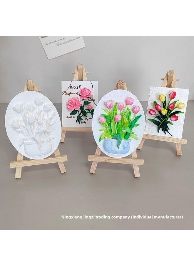 Tulip Plaster Doll Painted White Embryo Graffiti Three-dimensional Relief Painting Diy Creative Manual Group Building Activities-Color:2 Flower Sign Combinations (lily + Square Tulips) + 2 Wooden Frames + 1 Set Of 12 Colors Of Paint