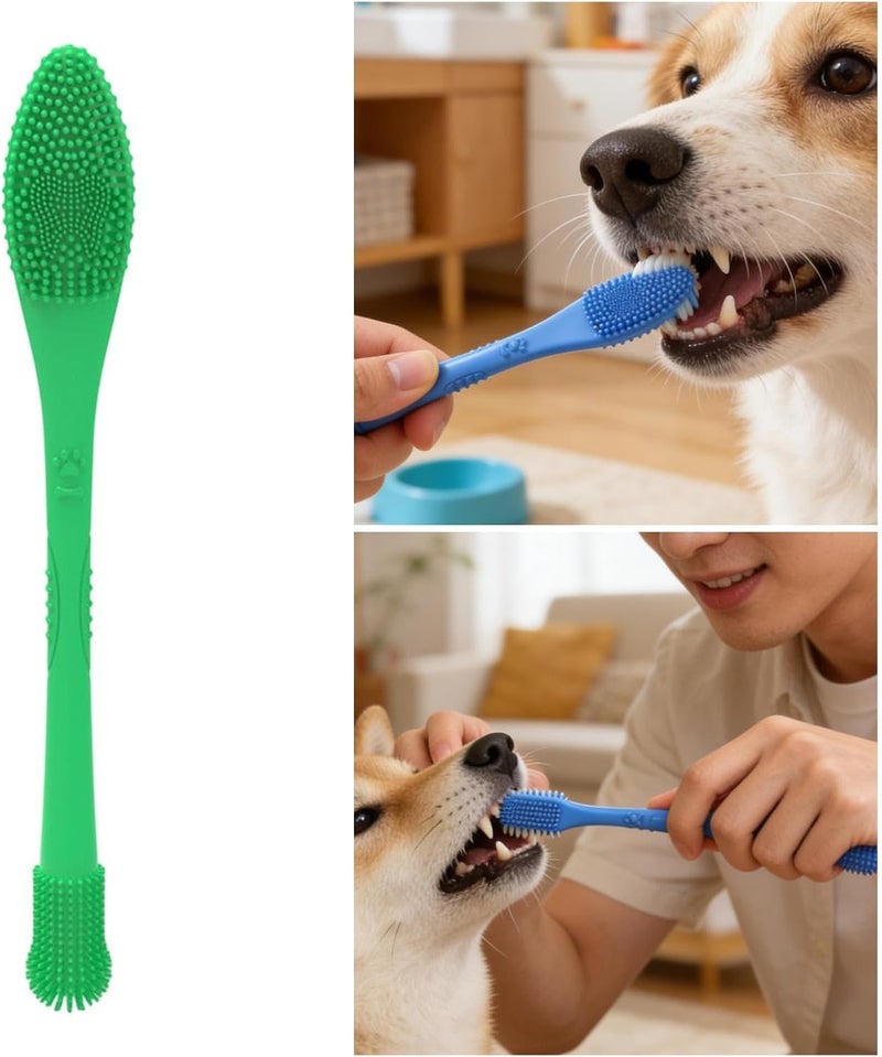Pet Toothbrush Silicone Double Headed Dog Cat Toothbrush 360 Degree Cleaning Tool Ergonomic Non Slip Grip Suitable for Pet Tooth Care Home Use, Green - Image 3