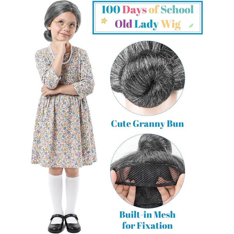 Cooraby 3 Pcs Grey Old Lady Wig 100 Days of School Grandma Wig Granny Glasses Artificial Pearl Necklace Halloween Fancy - Image 4