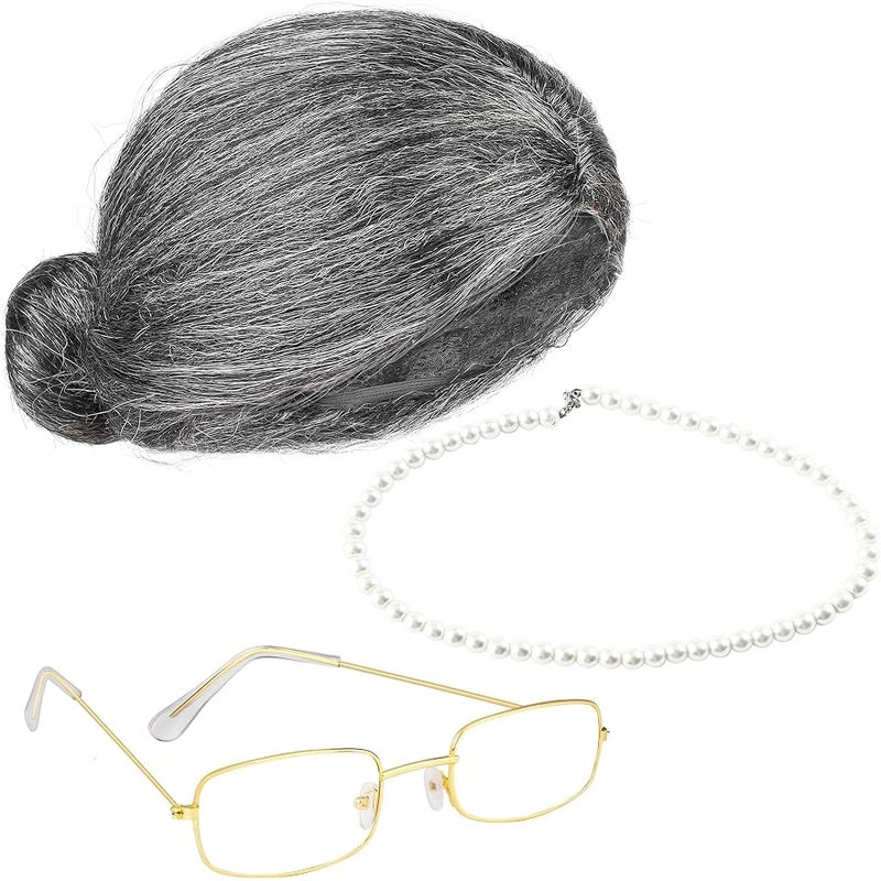 Cooraby 3 Pcs Grey Old Lady Wig 100 Days of School Grandma Wig Granny Glasses Artificial Pearl Necklace Halloween Fancy - Image 1