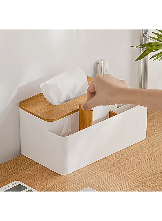 Elegant White Japanese Desk Organizer With Bamboo Lid Multifunctional Tissue Box Remote Control Storage - Image 4