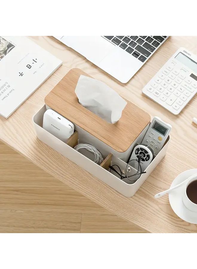 Elegant White Japanese Desk Organizer With Bamboo Lid Multifunctional Tissue Box Remote Control Storage - Image 2