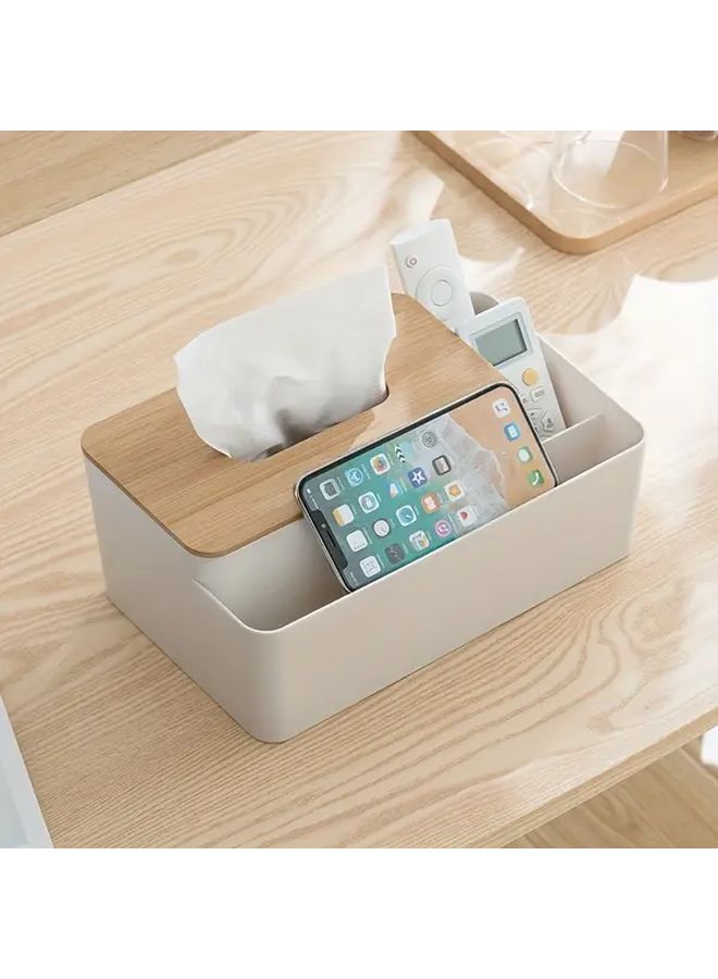 Elegant White Japanese Desk Organizer With Bamboo Lid Multifunctional Tissue Box Remote Control Storage - Image 5