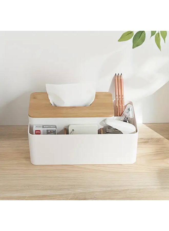 Elegant White Japanese Desk Organizer With Bamboo Lid Multifunctional Tissue Box Remote Control Storage - Image 1