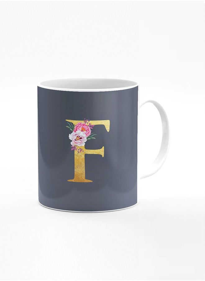 Stylizedd - Designer Printed Coffee Mug 11oz Ceramic Personalised Gift Mugs Cup -Custom Monogram Initial Letter Floral Pattern Alphabet - F (Bright Grey) - Image 1
