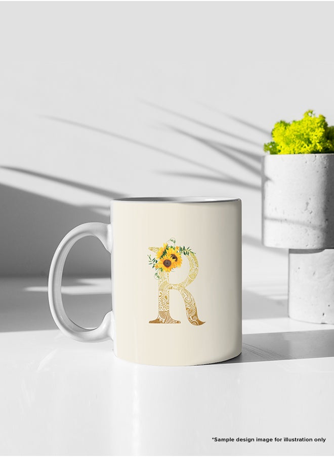 Stylizedd - Designer Printed Coffee Mug 11oz Ceramic Personalised Gift Mugs Cup -Custom Monogram Initial Letter Floral Pattern Alphabet - F (Bright Grey) - Image 1