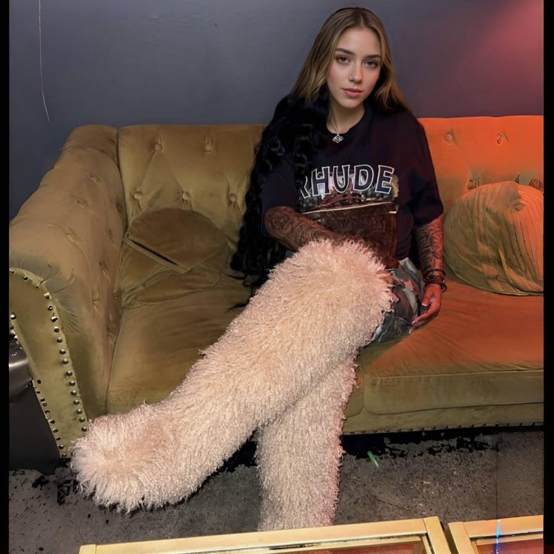 YFJNV Black Thigh High Fur Boots, Over the Knee Fluffy High Boots, Tall Furry shoes for Women (Light Khaki,7.5) - Image 3
