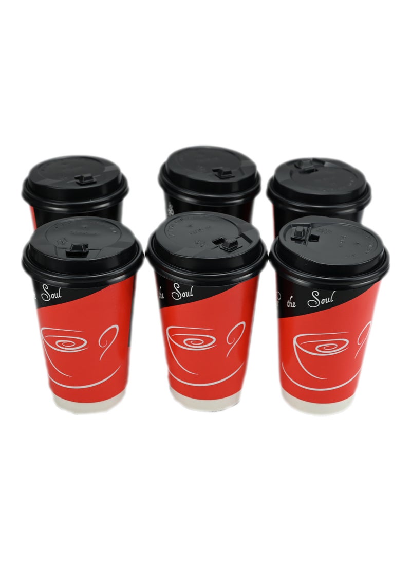 Disposable Coffee Cups with Lids 6 Pcs - Triple Wall Paper Cups/ Disposable Hot & Cold Coffee Cups with Lids, Embossed Paper Cups with Lids Home, Office, Outdoor - Black & Red - Image 1