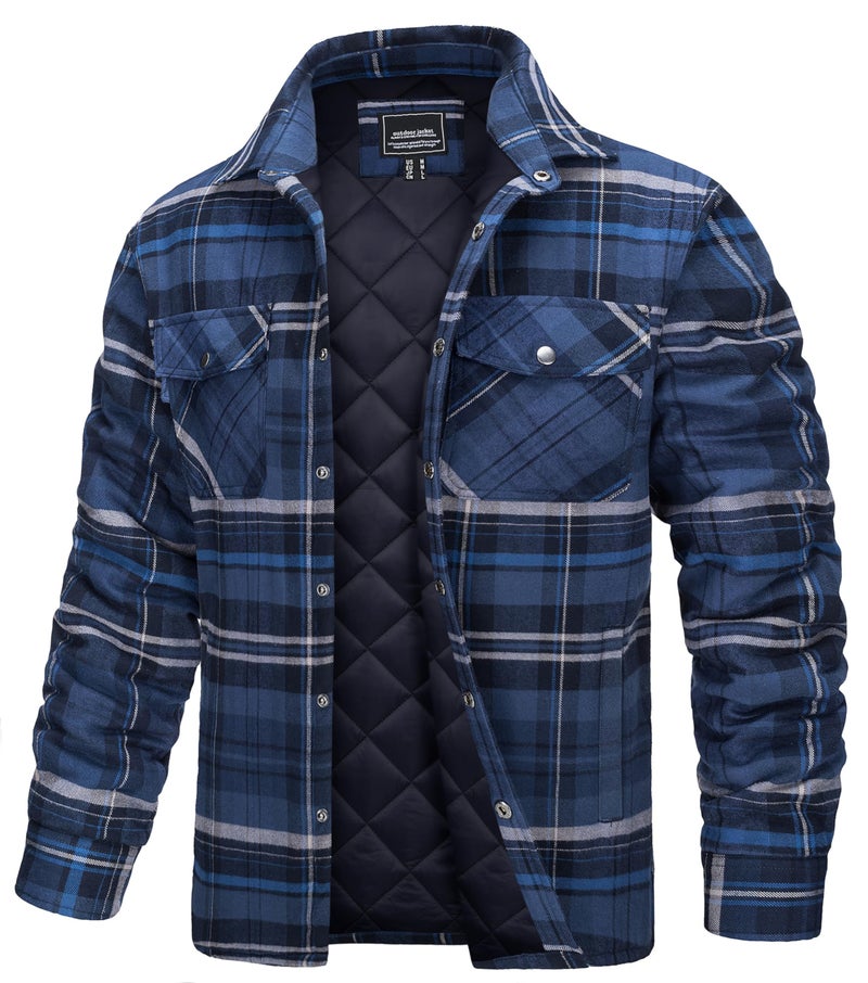 TACVASEN Mens Plaid Shirt Jacket Quilted Lined Coat Flannel Jacket with Pockets Fleece Lined Flannel Shirt for Men Fleece Jacket Padded Jacket for Men