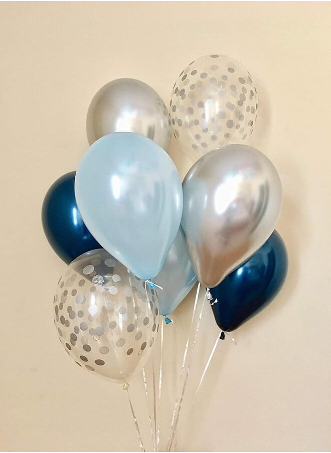 Salux - 16 Pcs Navy Light Blue Silver Chrome and Silver Confetti Look Latex Balloon-Blue First Birthday-Baby Shower-Bridal Shower-Wedding-Navy Blue Decor - Salux Collection - Image 1