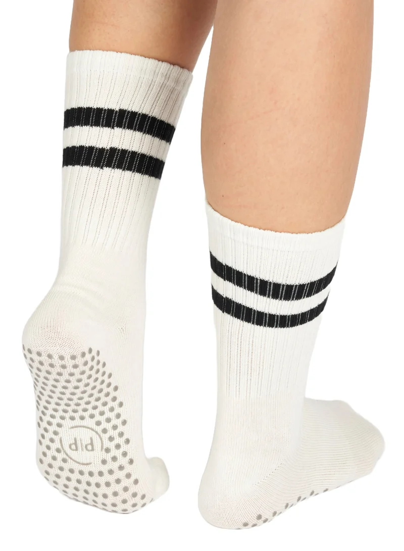 Prickly Pear White Stripe Crew Non-Slip Barre/Yoga/Pilates Socks, Womens, One Size Fits Most