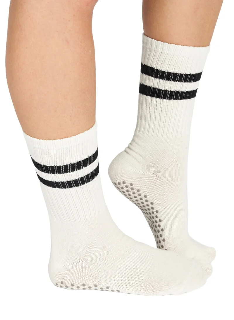 Prickly Pear White Stripe Crew Non-Slip Barre/Yoga/Pilates Socks, Womens, One Size Fits Most