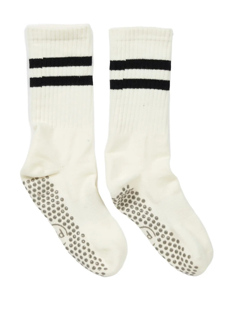 Prickly Pear White Stripe Crew Non-Slip Barre/Yoga/Pilates Socks, Womens, One Size Fits Most