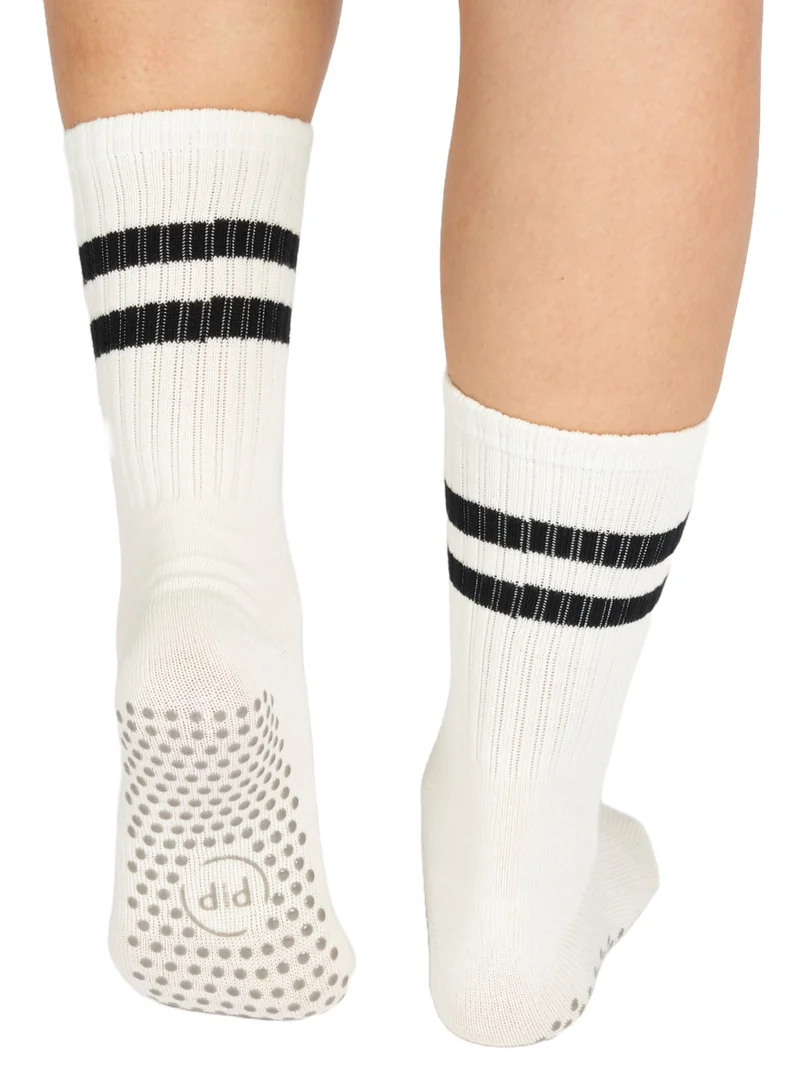 Prickly Pear White Stripe Crew Non-Slip Barre/Yoga/Pilates Socks, Womens, One Size Fits Most