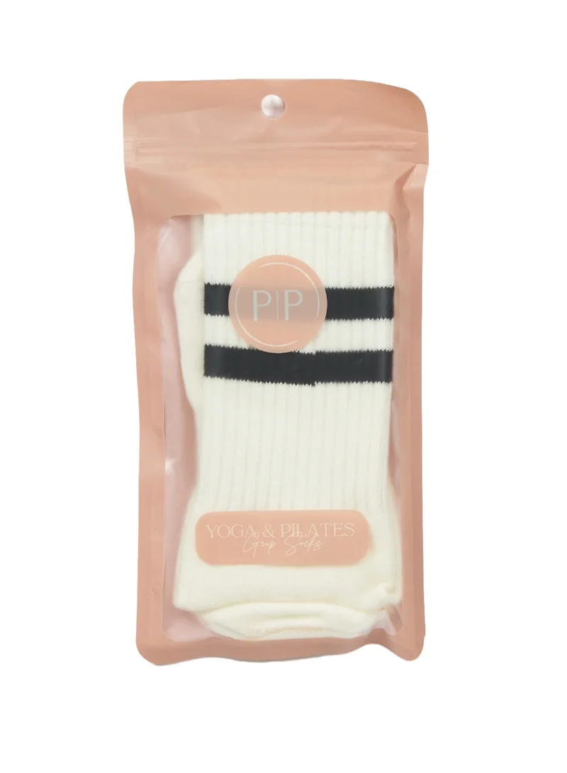 Prickly Pear White Stripe Crew Non-Slip Barre/Yoga/Pilates Socks, Womens, One Size Fits Most