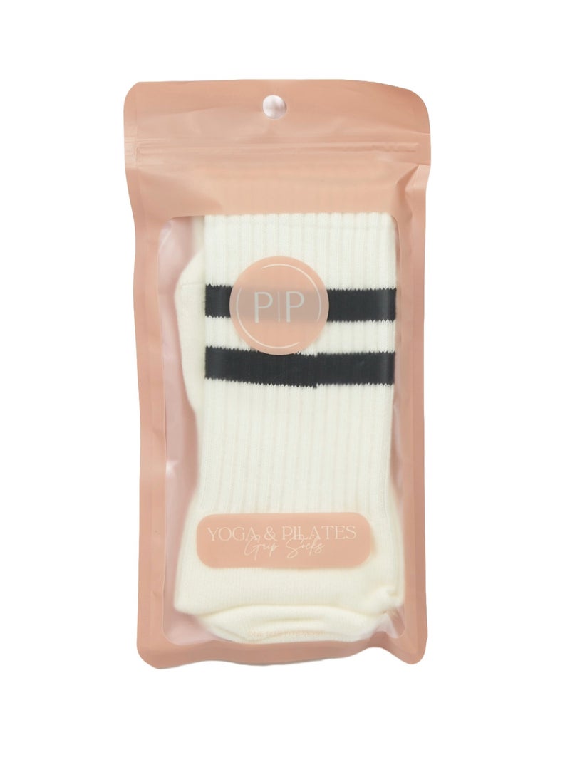 Prickly Pear White Stripe Crew Non-Slip Barre/Yoga/Pilates Socks, Womens, One Size Fits Most - Image 5